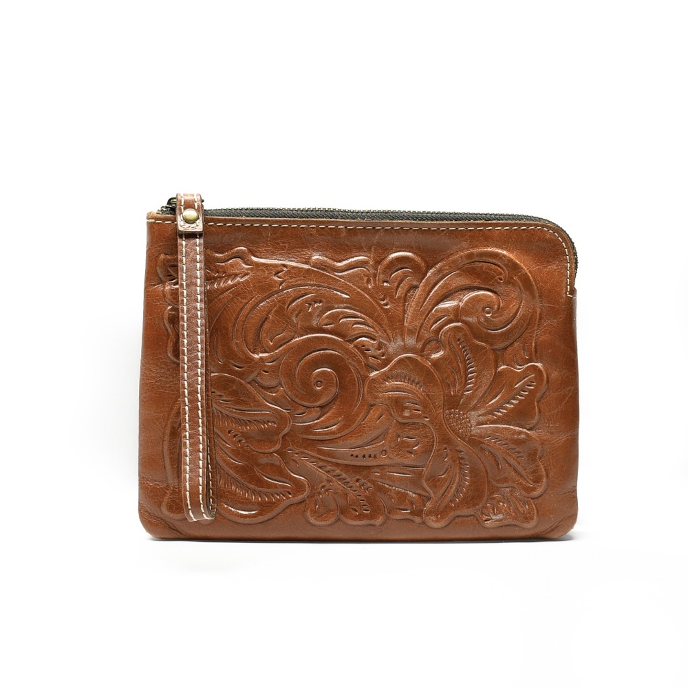 PATRICIA NASH Cassini Tooled Leather Wristlet in Tan